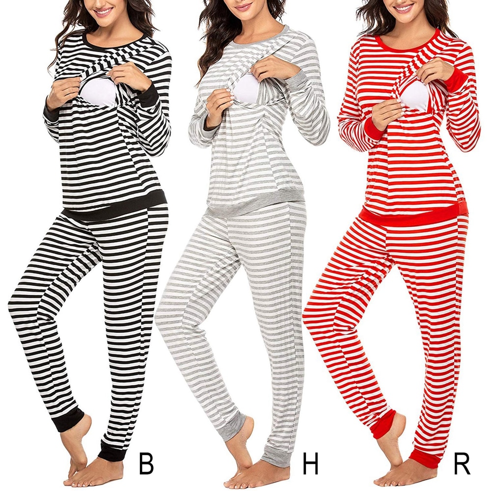 Winter Women Maternity Nursing Pajama Set Striped Breastfeeding Sleepwear Double Layer Long Sleeve Top Bottom Pregnancy PJ Set