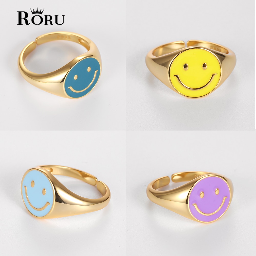 RORU 925 Sterling Silver Gold Smile Enamel Thick Ring Men Luxury Fine Jewel Smiley Face Ring for Women Gift Anniversary Anillos