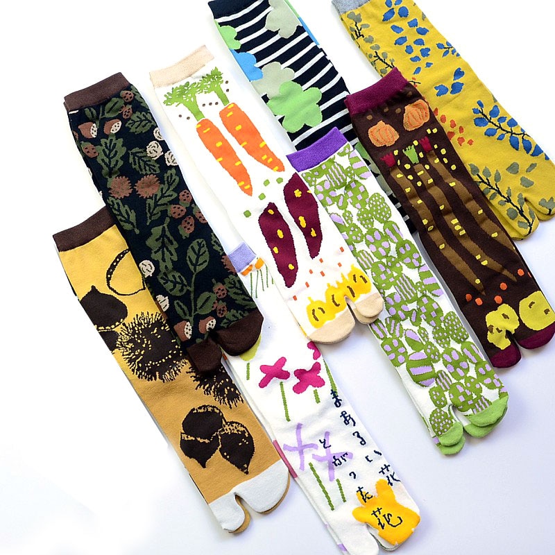 Women Cartoon Combed Cotton Two Toe Socks Japanese Multicolor Jacquard Split Toe Socks Flowers Art Cute Middle Tube Tabi Sock