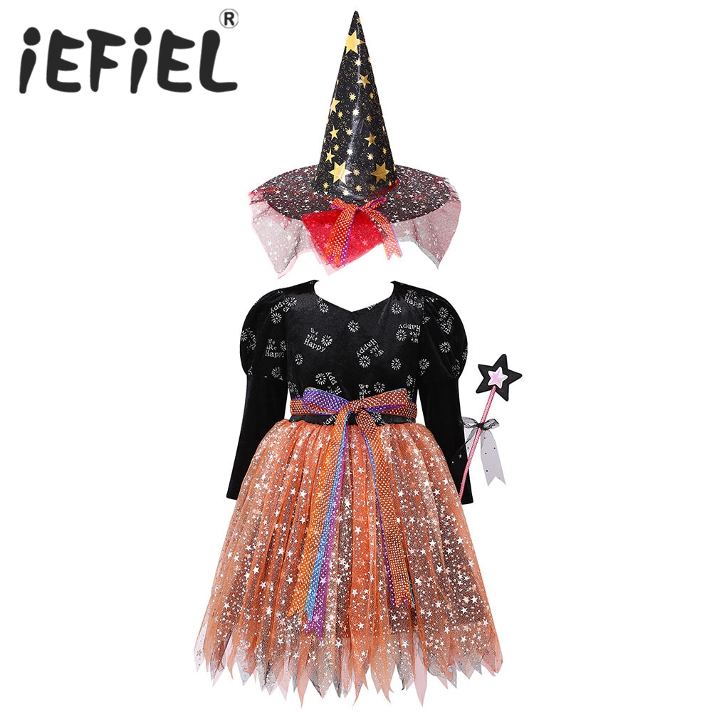 iEFiEL Kids Girls Halloween Witch Cosplay Costume Long Sleeves Shiny Stars Mesh Dress with Hat and Wand for Carnival Dress Up