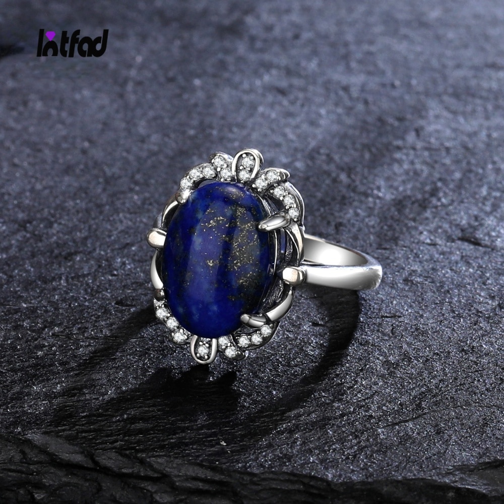 Natural Lapis Lazuli Ring 925 Sterling Silver Rings for Women Vintage 10*14MM Moonstone Labradorite Jewelry Gifts