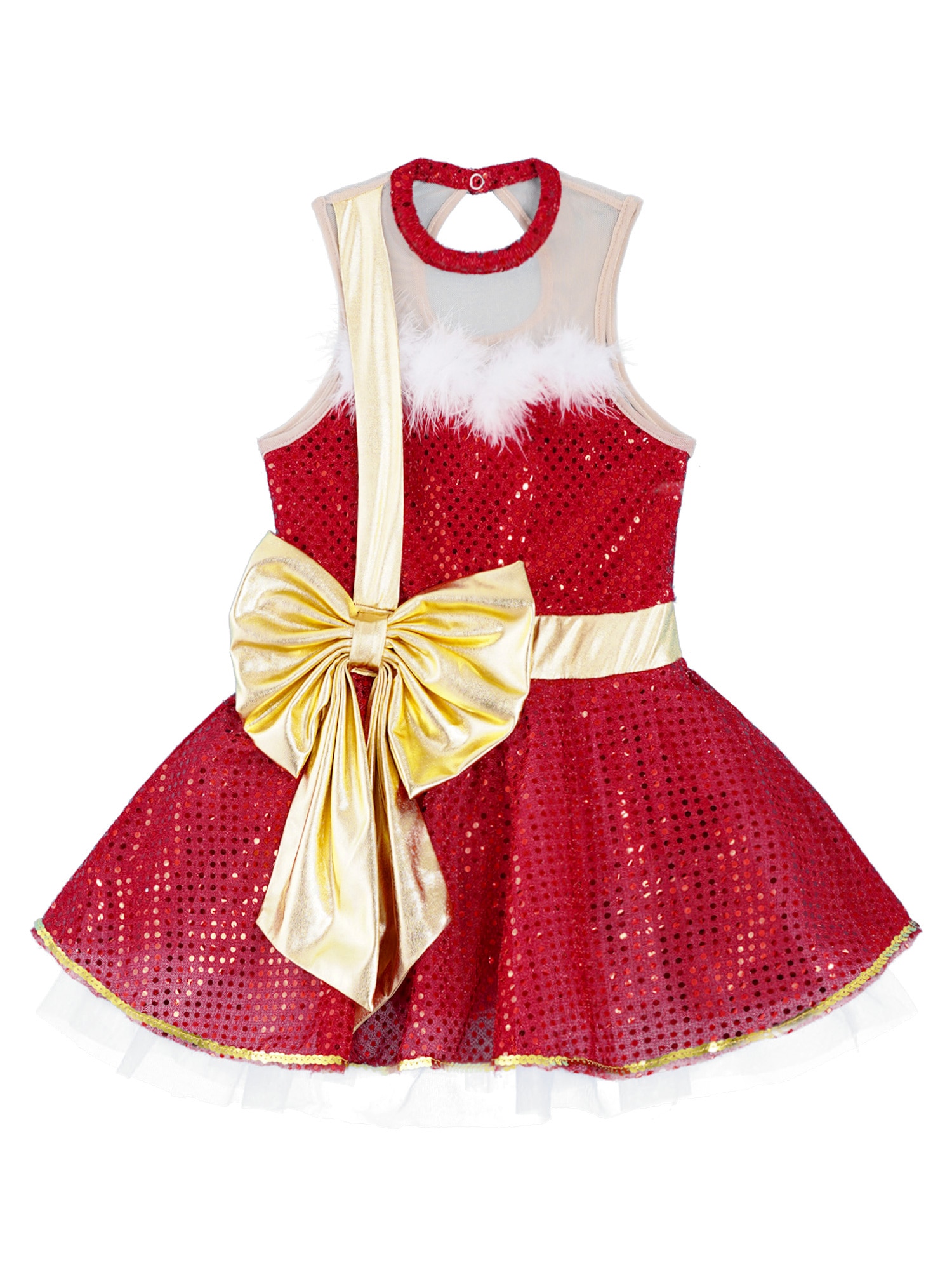 Kids Girls Christmas Dress Dance Leotard Dress Round Neck Sleeveless Mesh Bowknot Sequins Adorned Christmas costumes