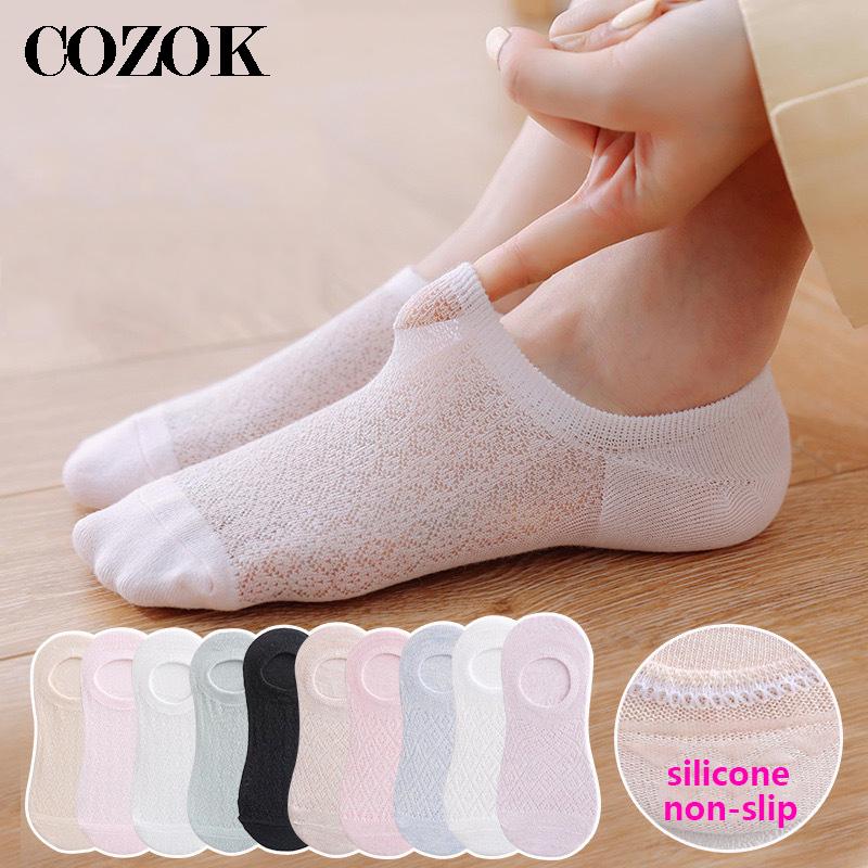 5Pairs/Set Women Silicone Non-slip Invisible Socks Summer Solid Color Mesh Low Cut Boat Sock Female Cotton No show Slipper Socks