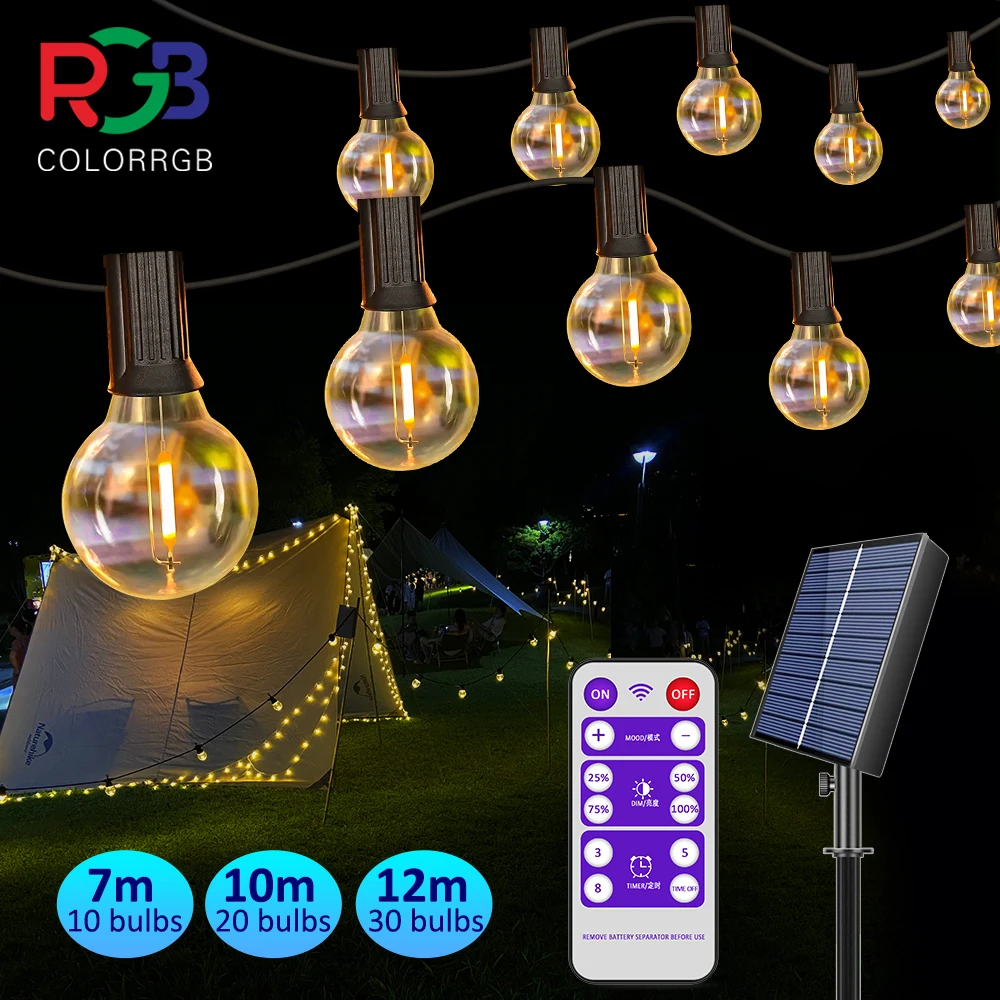 12M 30 LEDS  G40 Solar String Lights Outdoor Patio Lights Solar & USB Powered Waterproof Globe