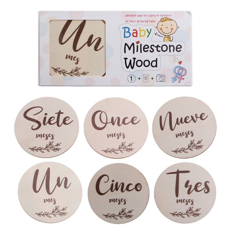 6 Pcs/Set Handmade Baby Milestone Cards Newborn Monthly Recording Cards Spanish Language Letters Leaves Print Photocards