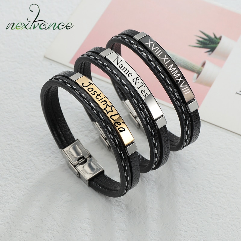 Nextvance Punk Customized PU Leather Black Men Bracelets Stainless Steel Engrave Name Bangles Boy Women Family Jewelry Gift
