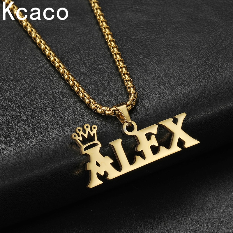New Personalized Thick Chain With Crown Names Pendant Hook Necklaces Bold Stainless Steel Custom Big Letter Necklace Jewelry