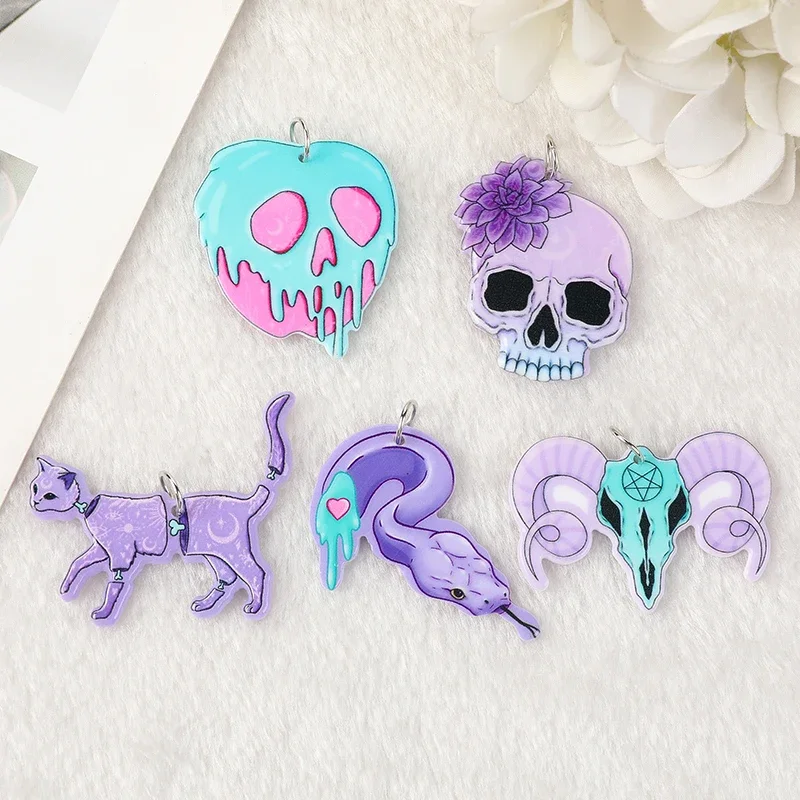 10Pcs Pastel Goth Snake Cat Skull Charms Cute Creative Acrylic Pendant For Earring Necklace Diy
