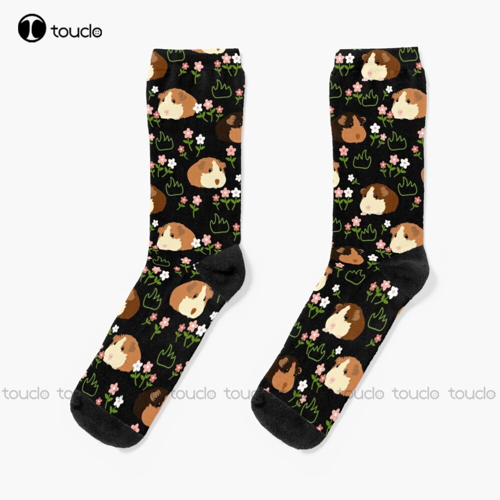 Guinea Pig And Flowers - Black Socks Boot Socks Personalized Custom Unisex Adult Teen Youth Socks 360° Digital Print Fashion New