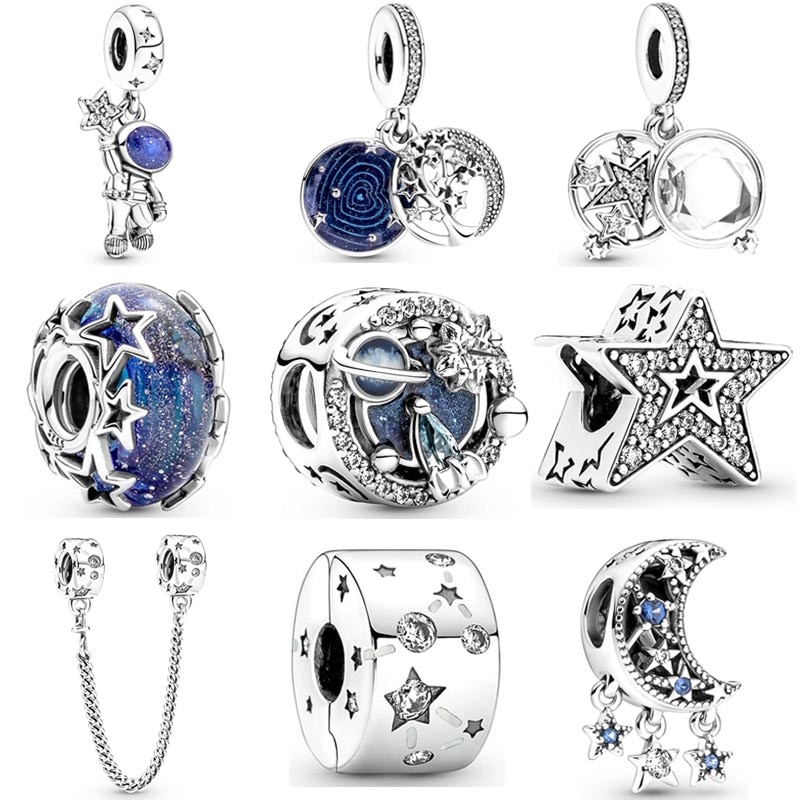 Blue Astronaut In The Galaxy Magnified Star Moon Double Dangle Charm 925 Sterling Silver Beads Fit Fashion Bracelet DIY Jewelry