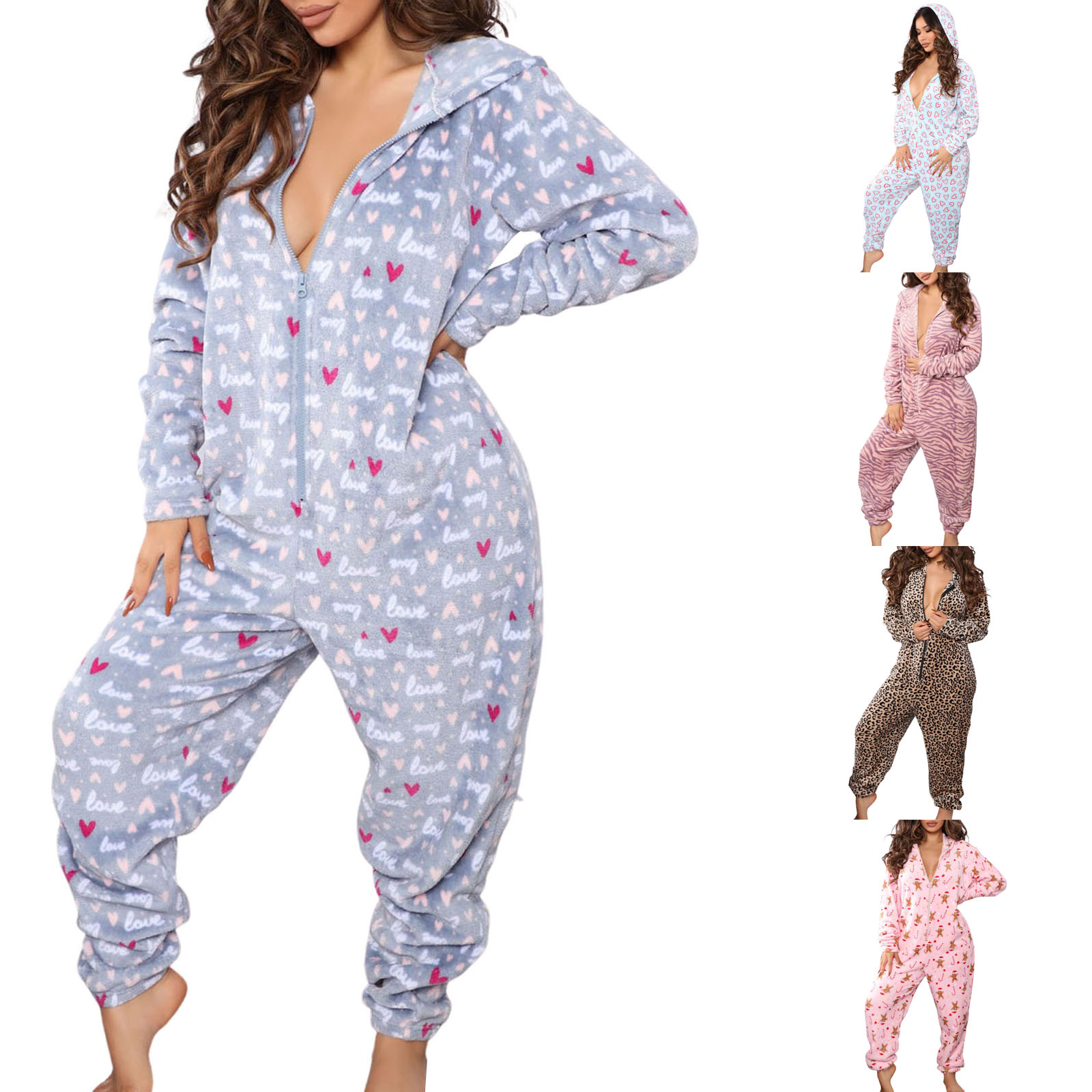 hirigin Fashion Female Casual Plush Nightwear Floral Print Long Sleeve Hooded V Neck Jumpsuit Romper with Zipper for Fall Winter