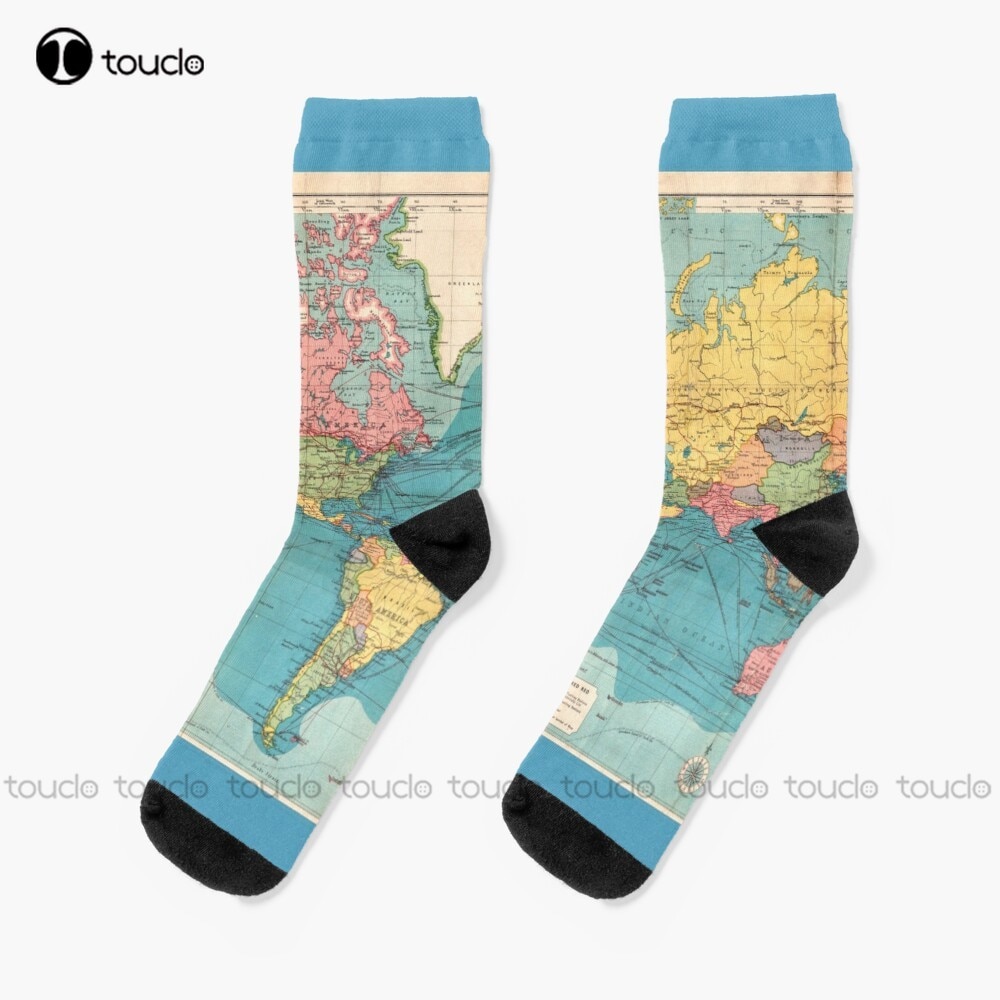 Vintage Blue Rainbow Historical World Map Socks Socks Men Personalized Custom Unisex Adult Teen Youth Socks 360° Digital Print