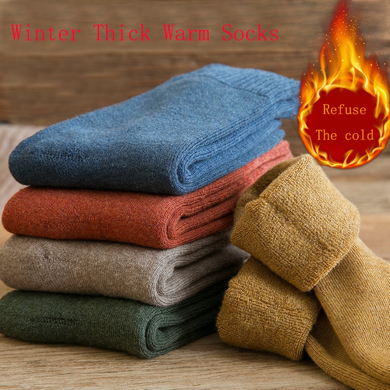 Winter Men's Super Thick Warm High Quality Harajuku Retro Snow Casual Antifreeze Wool Socks 5 Pair