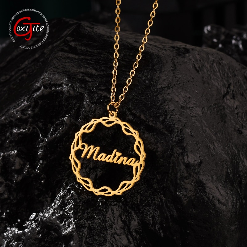 Goxijite Trendy Custom Name Necklace For Women Personalized Shaped Ring Letters Nameplate Necklaces Blessing Jewelry Gift