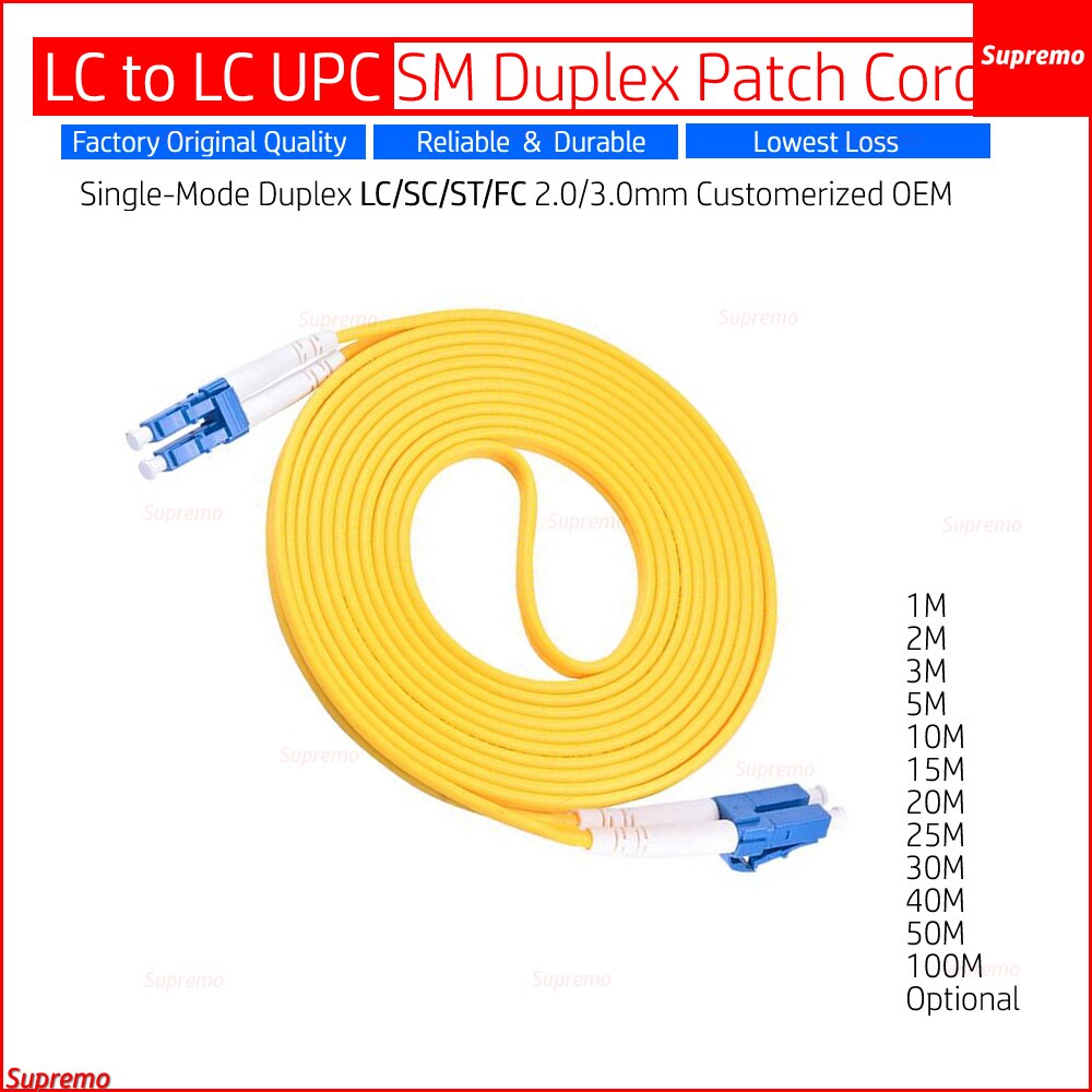 High reliability OEM Customerized 1m~50m LC to LC UPC LC/UPC SM Duplex LC/SC/ST/FC UPC Patch Cord Jumper Cable 2.0/3.0mm 1~50m