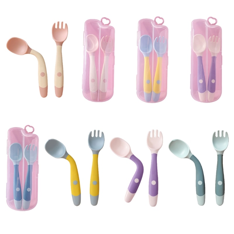 Baby Children Spoon Fork Set Soft Bendable Silicone Scoop Fork Kit Tableware Toddler Training Feeding Cutlery Utensil