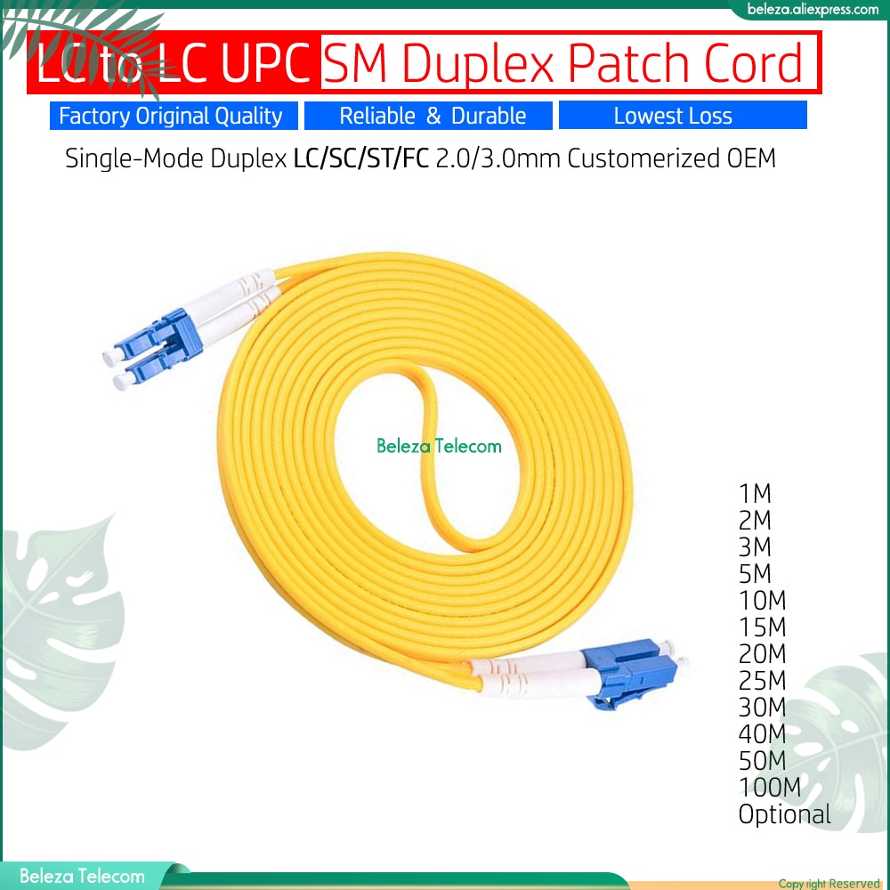 Customerized High Quality 1m~50m LC to LC UPC LC/UPC SM Duplex LC/SC/ST/FC UPC Patch Cord Jumper Cable 2.0/3.0mm 1~50m