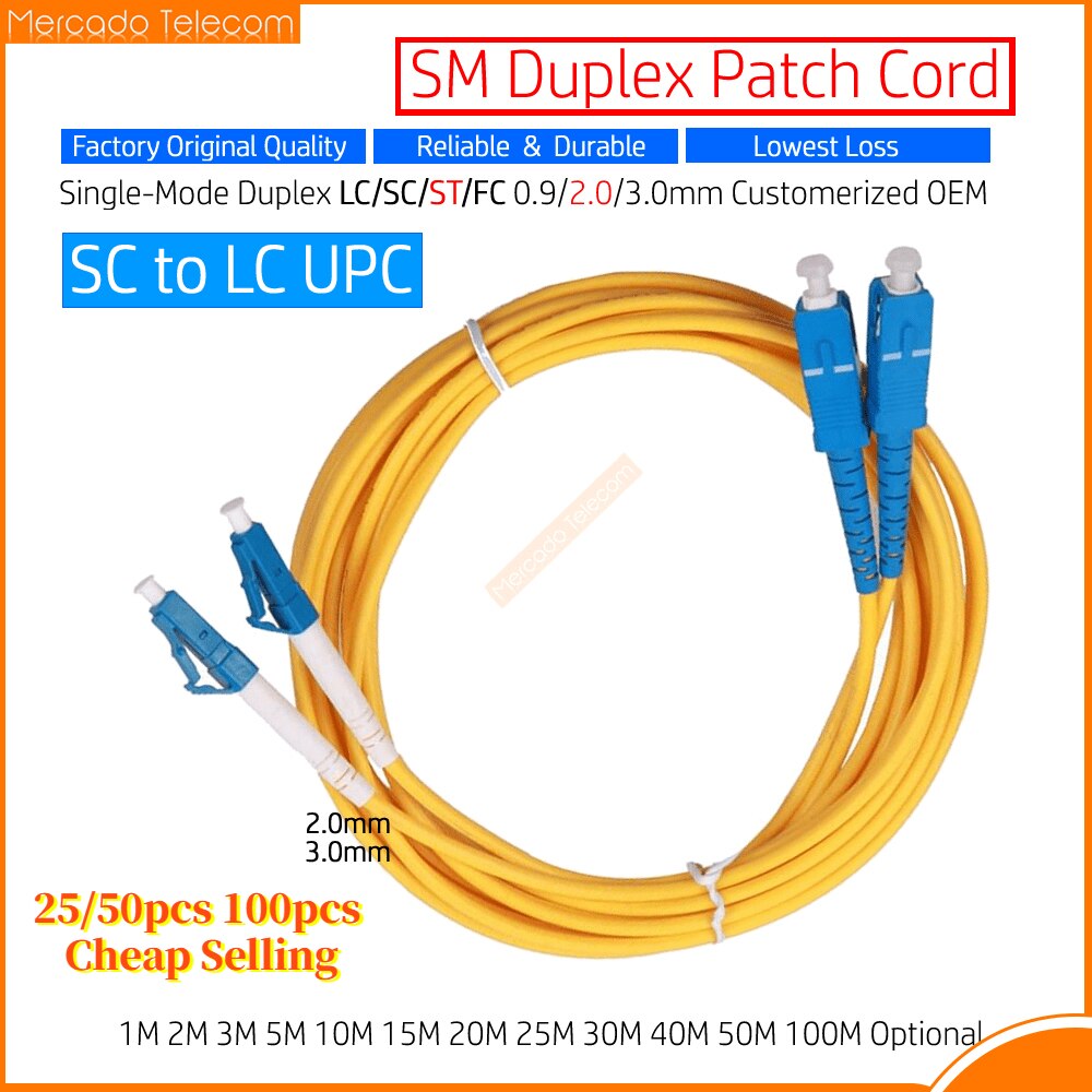 25/50pcs 100pcs Cheapest Lot sell high quality 1m~50m SC to LC UPC SC/UPC to LC/UPC SM Duplex FTTH Patch Cord Jumper 2.0/3.0mm