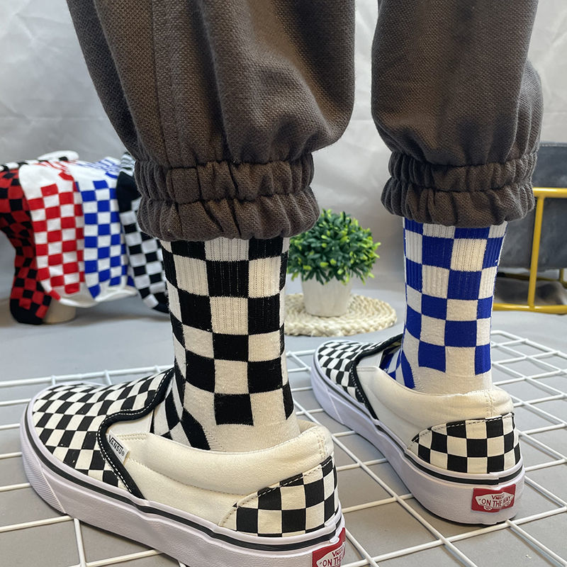 Korea Harajuku Fashion Check Socks Street Fashion Sports Print Skateboard Socks Hip Hop Geometric Checkerboard Hip Hop Socks