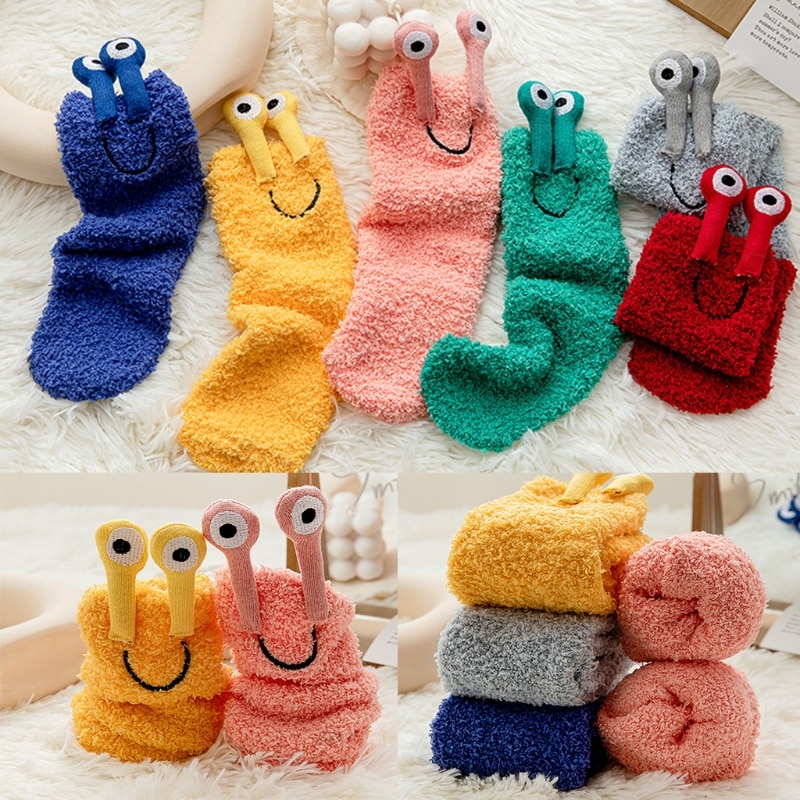 Japanese Style Women Winter Fuzzy Slipper Socks Novelty Funny 3D Cartoon Frog Eyes Harajuku Bright Solid Color Fluffy Plush
