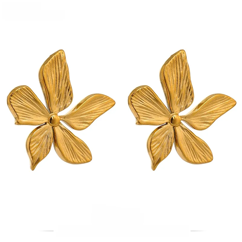 Yhpup Golden Flower Stud Earrings Stainless Steel Metal Jewelry Simple Texture New Floral Modern