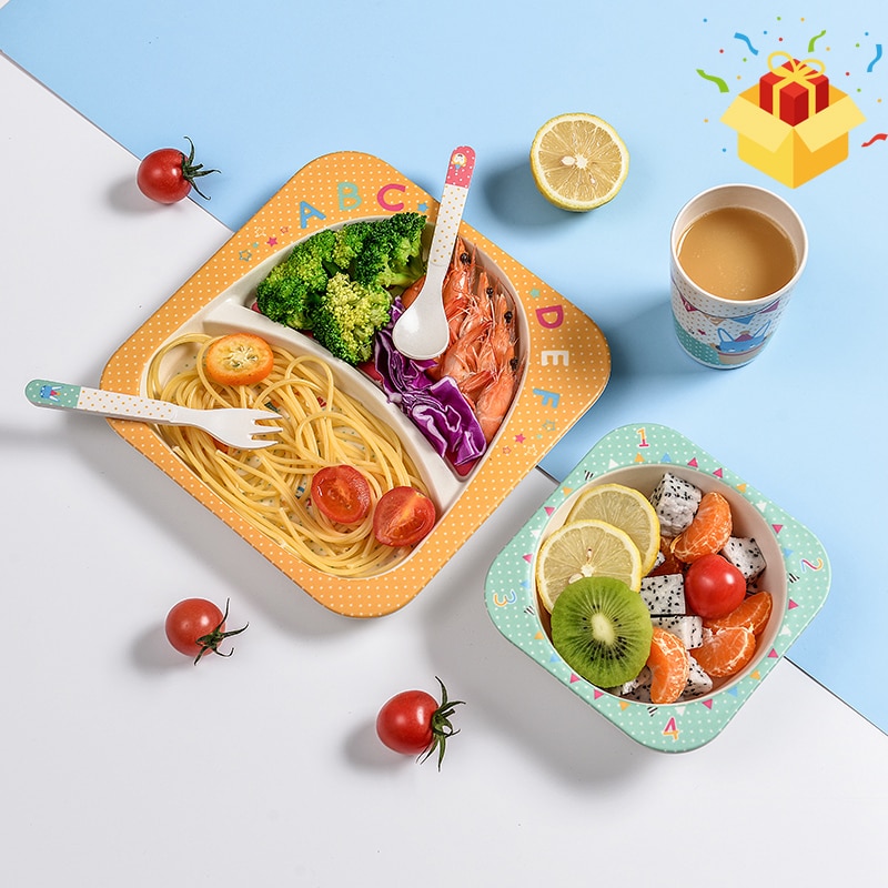 5 Pcs Cartoon Bamboo Fibre Feeding Dinnerware Dinner Set Tableware Platte Plate Bowls Platos Para Bebé Baby Dishes Spoon