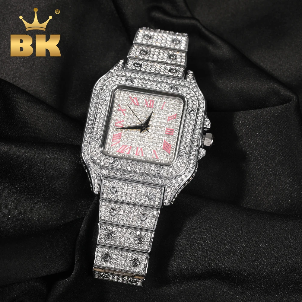 THE BLING KING Iced Out Men Watch Square Diamond Pink Blue Numbers Quartz Luxury Wrist Watches Roman