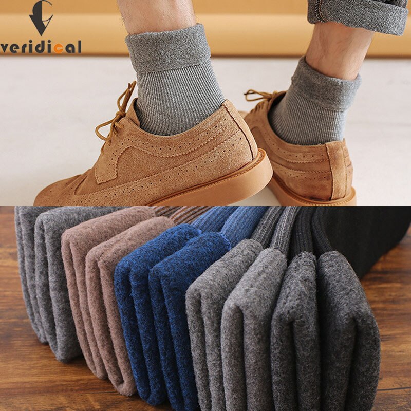 2021 New Men's Keep Warm Socks Thicken Plus Velvet No Heel Solid Autumn Winter Vintage Thick Snow Socks Mens 3 Pairs