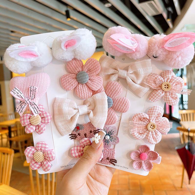 9Pcs/set Girls Hair Clips Children's Rabbit Hairpin Plush Girls Cartoon Flower Barrettes Side Bangs Clips Hair Accessories 