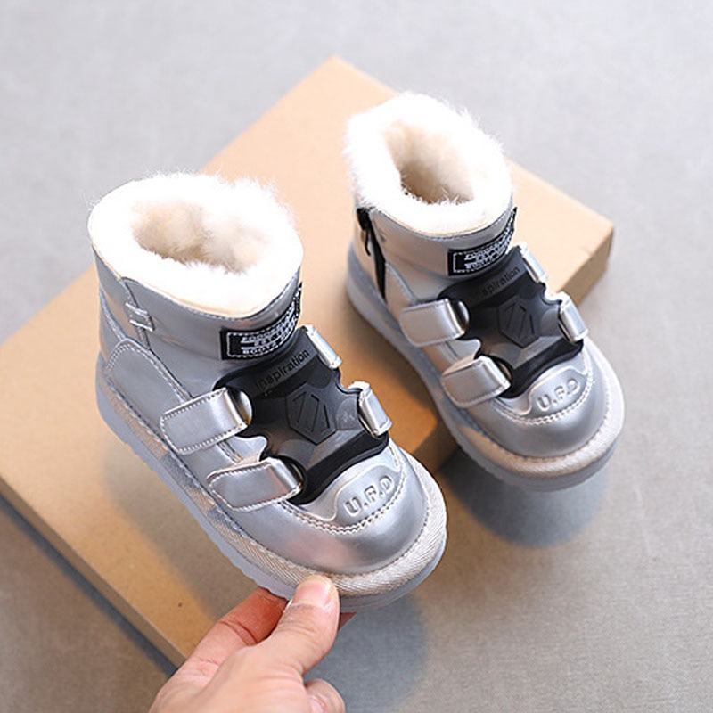 Children mirror upper waterproof snow boots 2022 winter boys lamb wool warmth thick cotton boots girls soft-soled boots