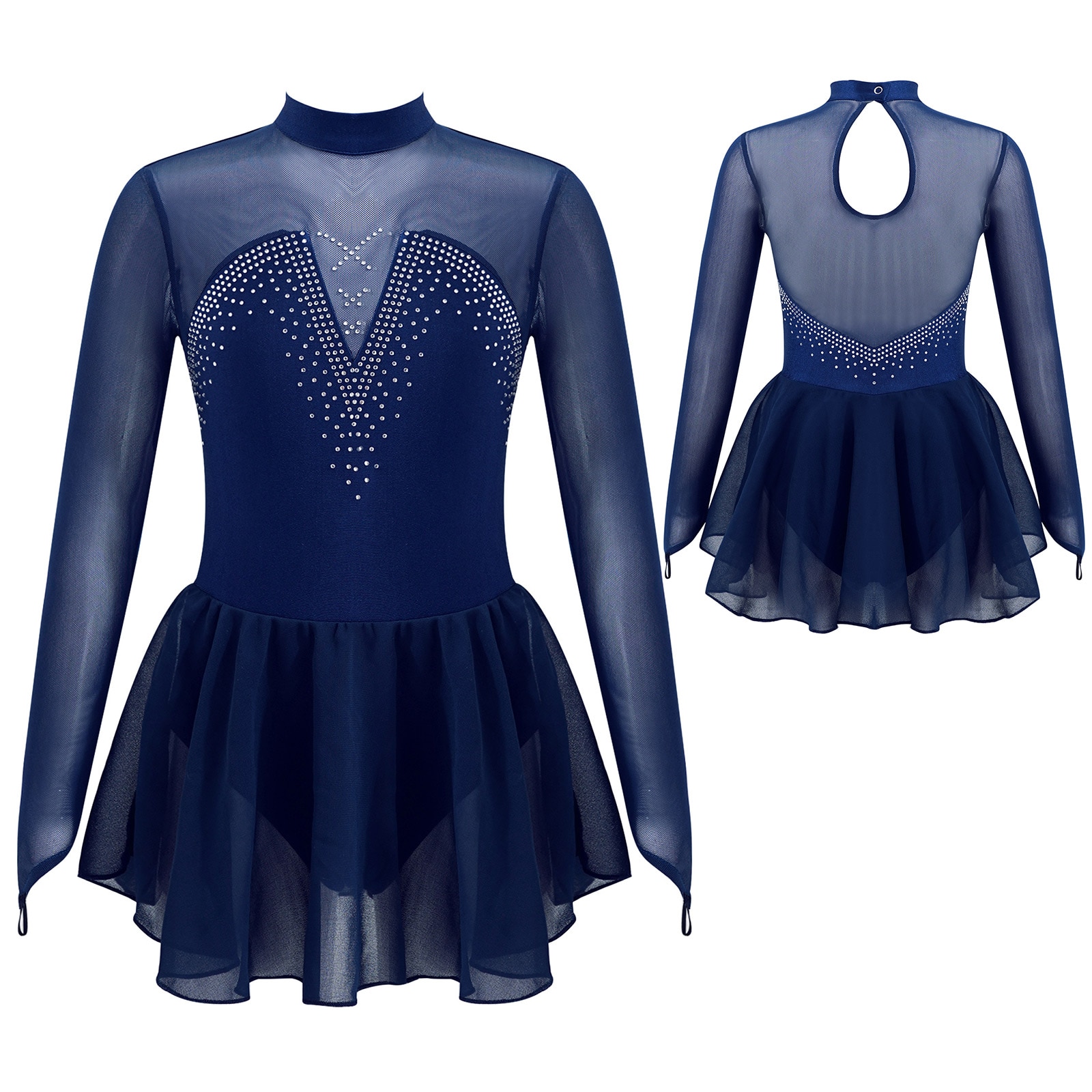 Kid Girls Figure Skating Dress Long Sleeve Dance Dress Rhinestone Mesh Splice Skating Ballet Dance Gymnastics Leotard Tutu Dress
