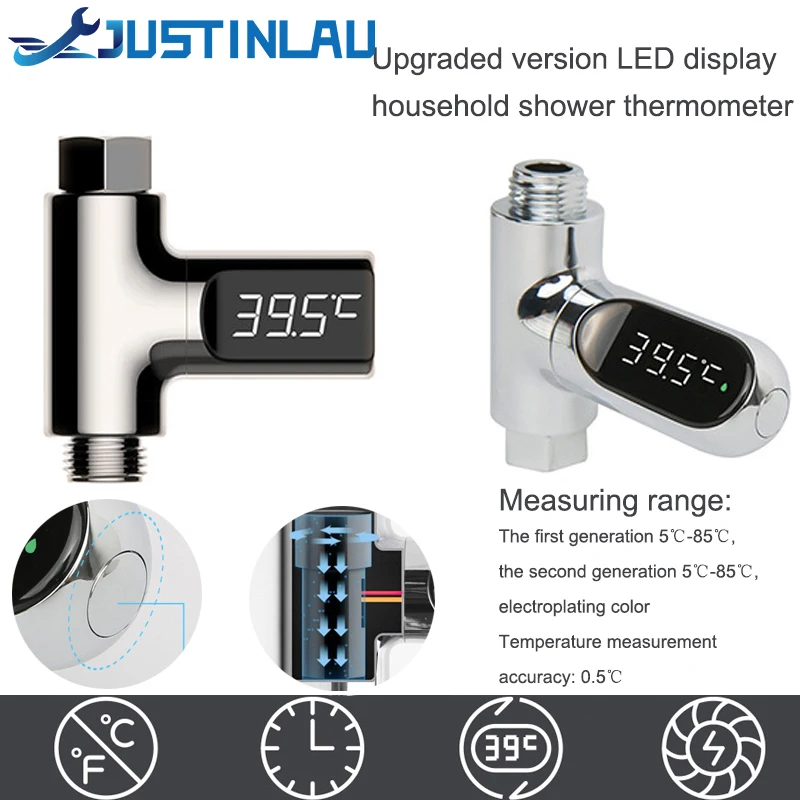 LED Display Household Water Shower Thermometer 5-85℃ Flow Self-powered Water Thermometer Monitoring