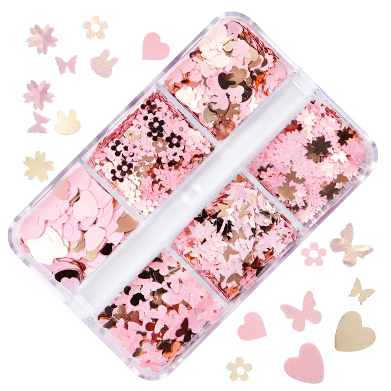6 Grids Valentines Love Heart Sequins Glitter For Epoxy Resin Mold Fillings Slime Filler Mixed Flower Heart Nail Art Decorations