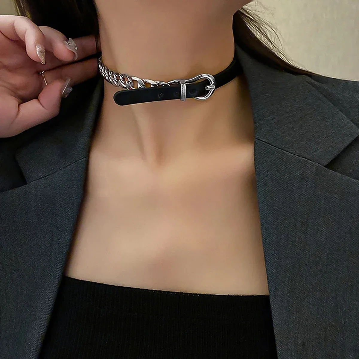 AENSOA Punk Leather Choker Chain Collar Necklace for Women Hip Hop Belt Chains Bracelet 2021 Female