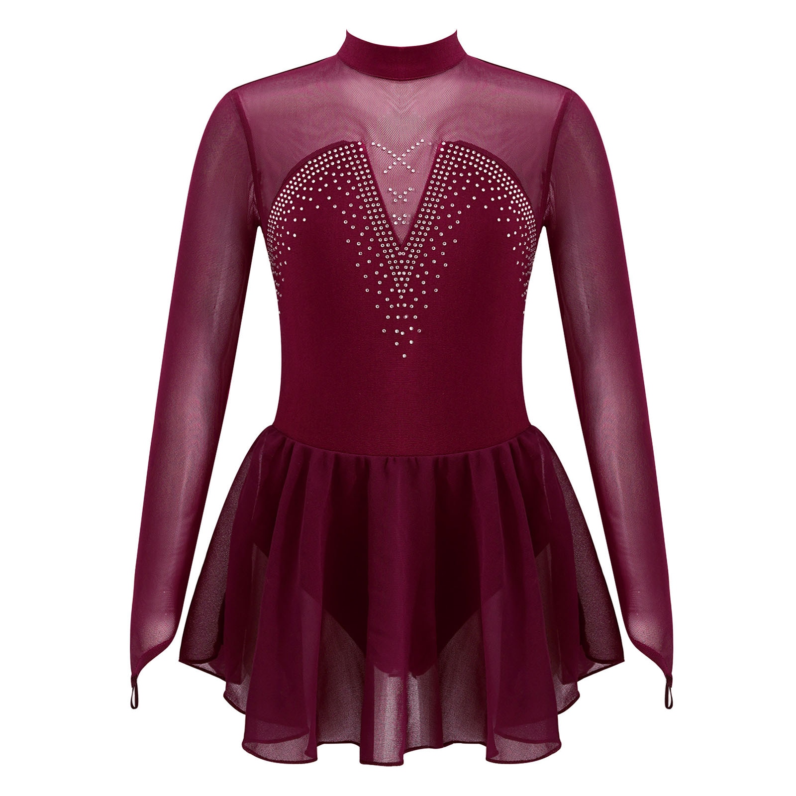 Kids Girls Skating Dress Hollow Back Sparkly Rhinestone Mesh Splice Ballet Dance Gymnastics Leotard Dress Performance Dancewear