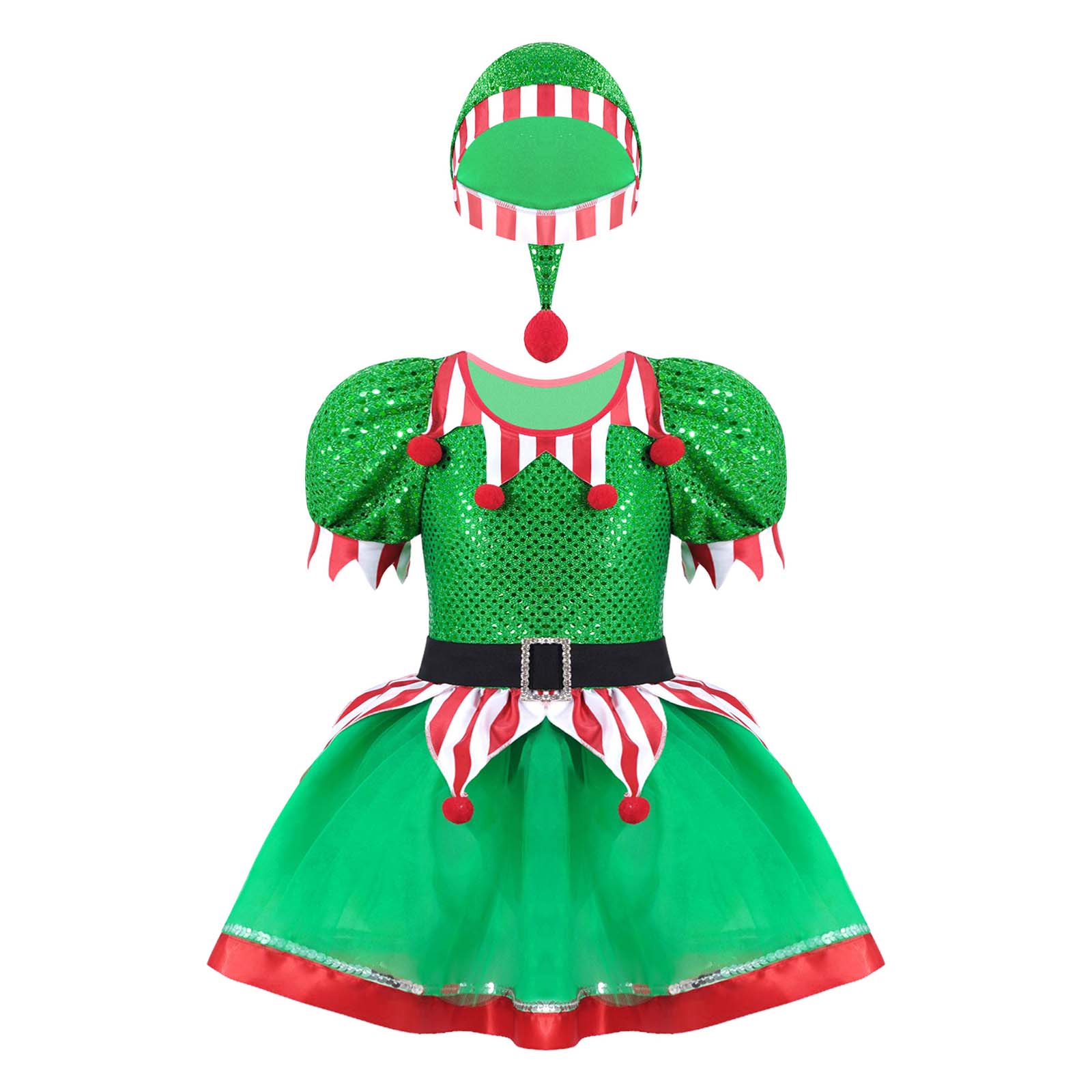Children Girls Christmas Elf Costume Xmas Holiday New Year Party Festive Santa Princess Tutu Dress with Hat Outfits Sets Green