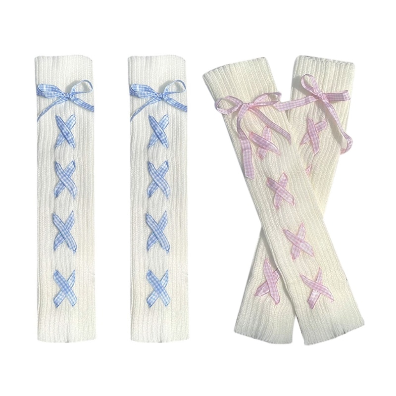 Japanese Lolita Women Ribbed Knit Leg Warmers Harajuku Sweet Plaid Crisscross Ribbon Bow Boot Socks Knee High Foot Cover