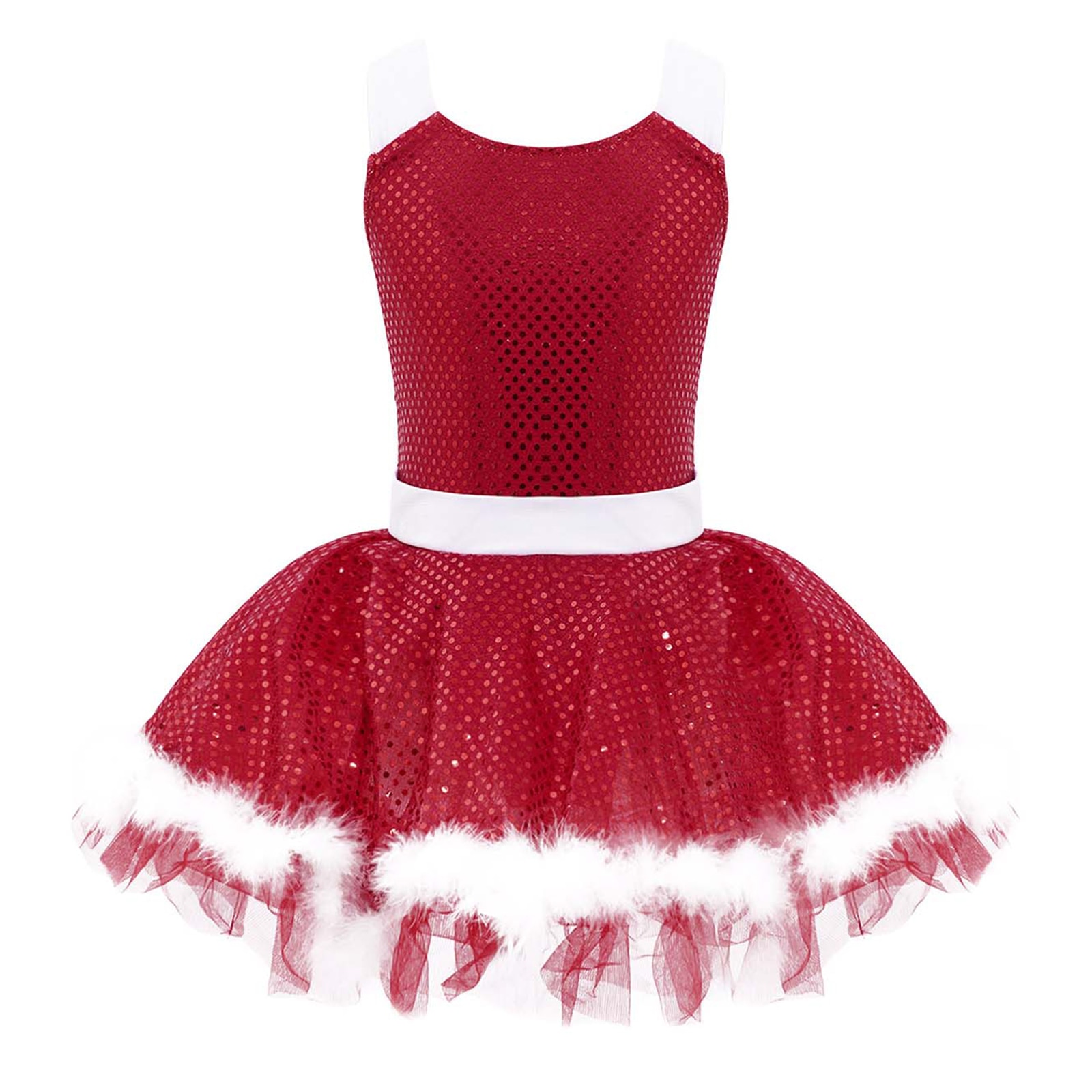 Christmas Girls Mrs Santa Xmas Costumes Ballet Latin Dance Dresses Sequins Ballet Leotard Tutu Dress for Figure Ice Skating