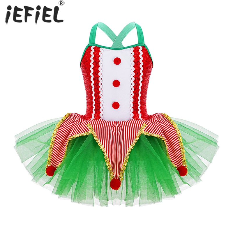 Kids Girls Clown Cosplay Halloween Costume Shiny Sequins Plush Balls Ruffle Mesh Tutu Dress Christmas Elf Dress For Dancewear