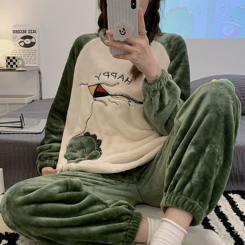 Autumn Winter Women's Pajamas Cute Cartoon Printed Sleepwear Casual Home Wear Set Girl Knitted Size M-3XL Pijamas Fashion P