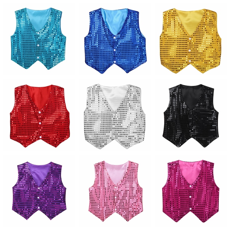 Children Shining Sequins Clothes Boys Students Christmas Stage Performance Costumes Kids Hip-hop Jazz Stage Dance Vest Waistcoat