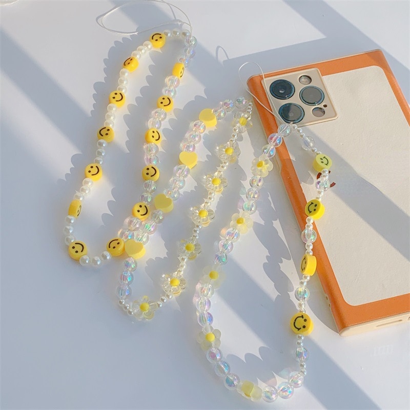 Simple Lovely Mobile Phone Anti-Lost Lanyard Yellow Soft Pottery Smiley Face Resin Beads Telephone Chain Women's Jewelry Gi