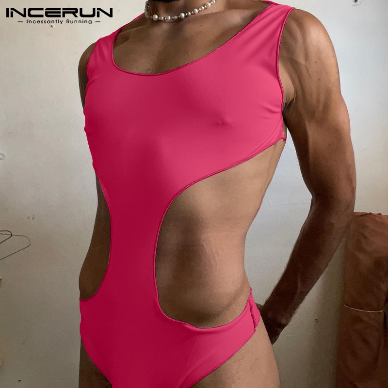 INCERUN Men Bodysuits Underwear Sleeveless Solid Color Hollow Out O-neck Romper Men Pajamas 2022 Cozy Sexy Skinny Bodysuit S-5XL