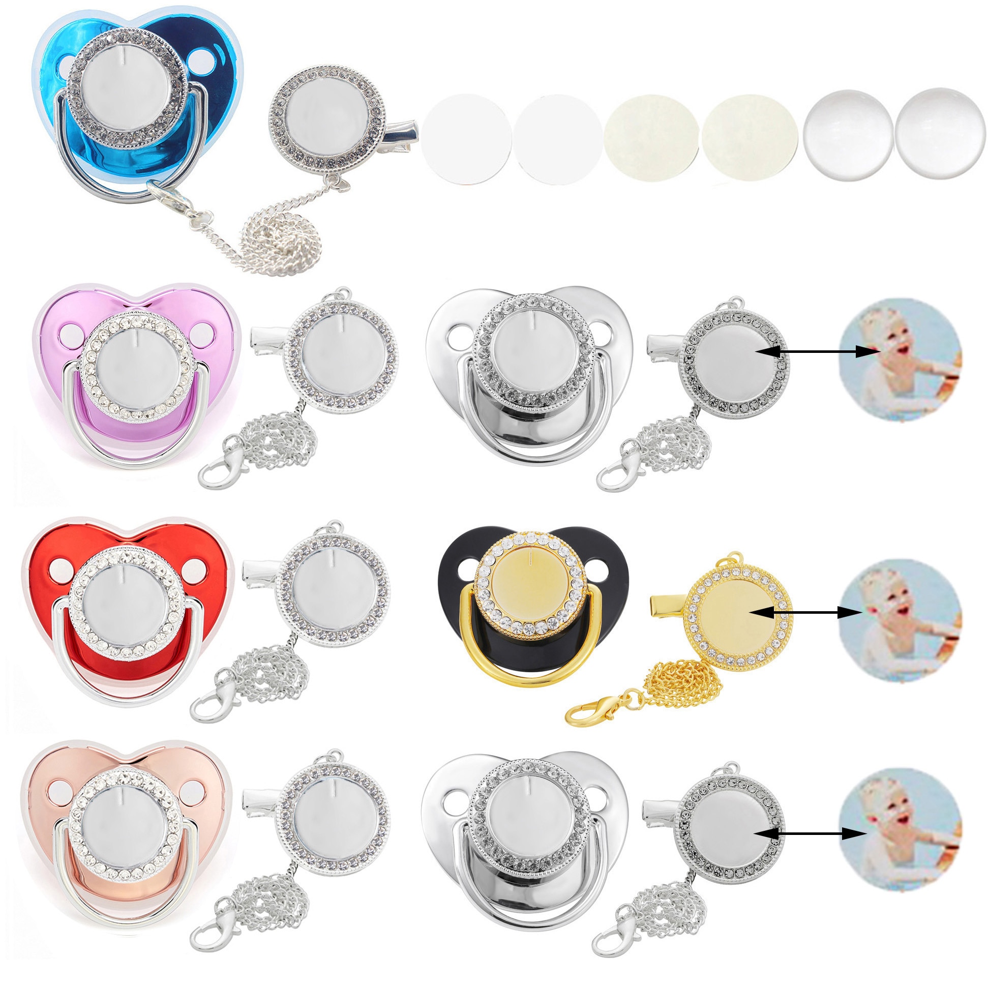 5 Sets Blank Personalized Baby Pacifier Clips Luxury Bling Silicone Pacifier Sublimation Dummy Nipple Teether Newborn Pacifer