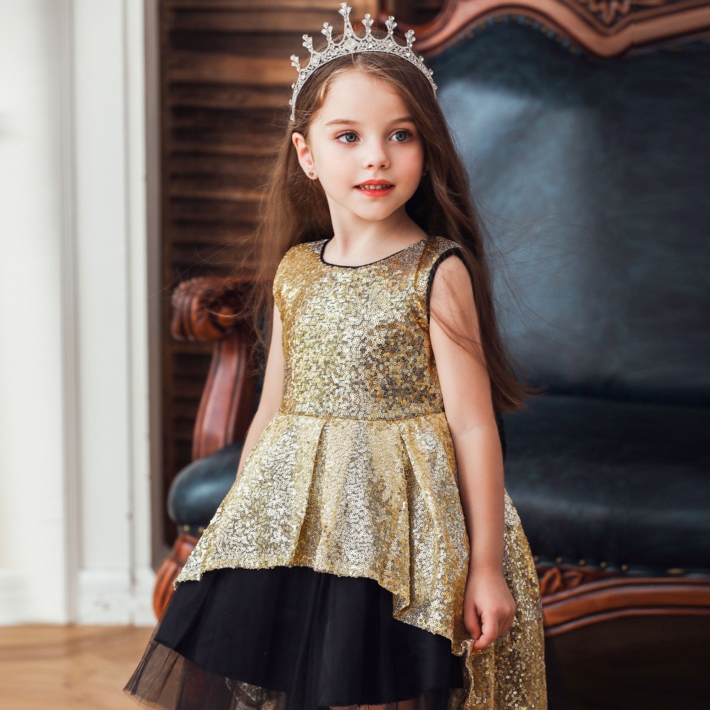 Girls Party Dress with Sequins Champagne Gold Cocktail Beach Evening Children Formal Ball Gown Vestido Nia Kid Clothes 3-8 Year