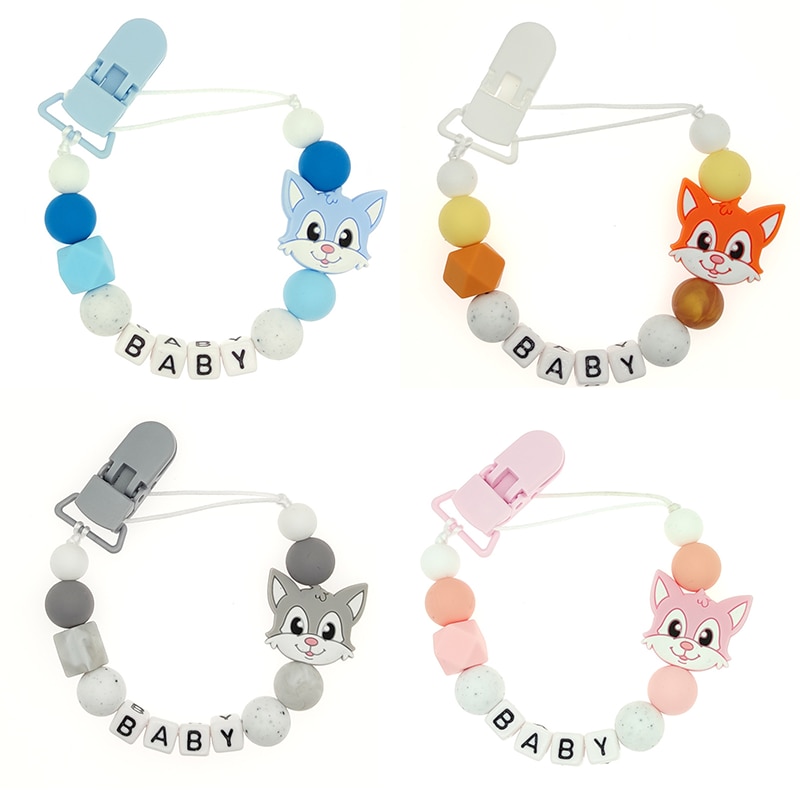 Personalized Baby Pacifier Clip Baby Name Custom Pacifier Chain Can Be Named Cartoon Fox Silicone Anti-Drop Chain Safe Feeding