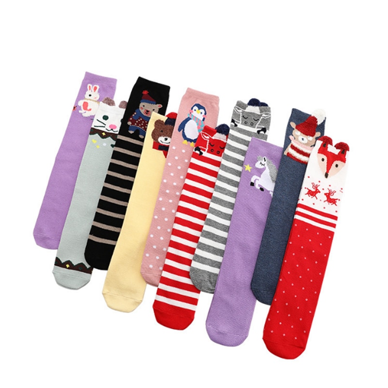 YZ&BH 1 Pair Winter Girls' Mid-Tube Socks Pure Cotton Children's Over-The-Knee Stockings Cartoon