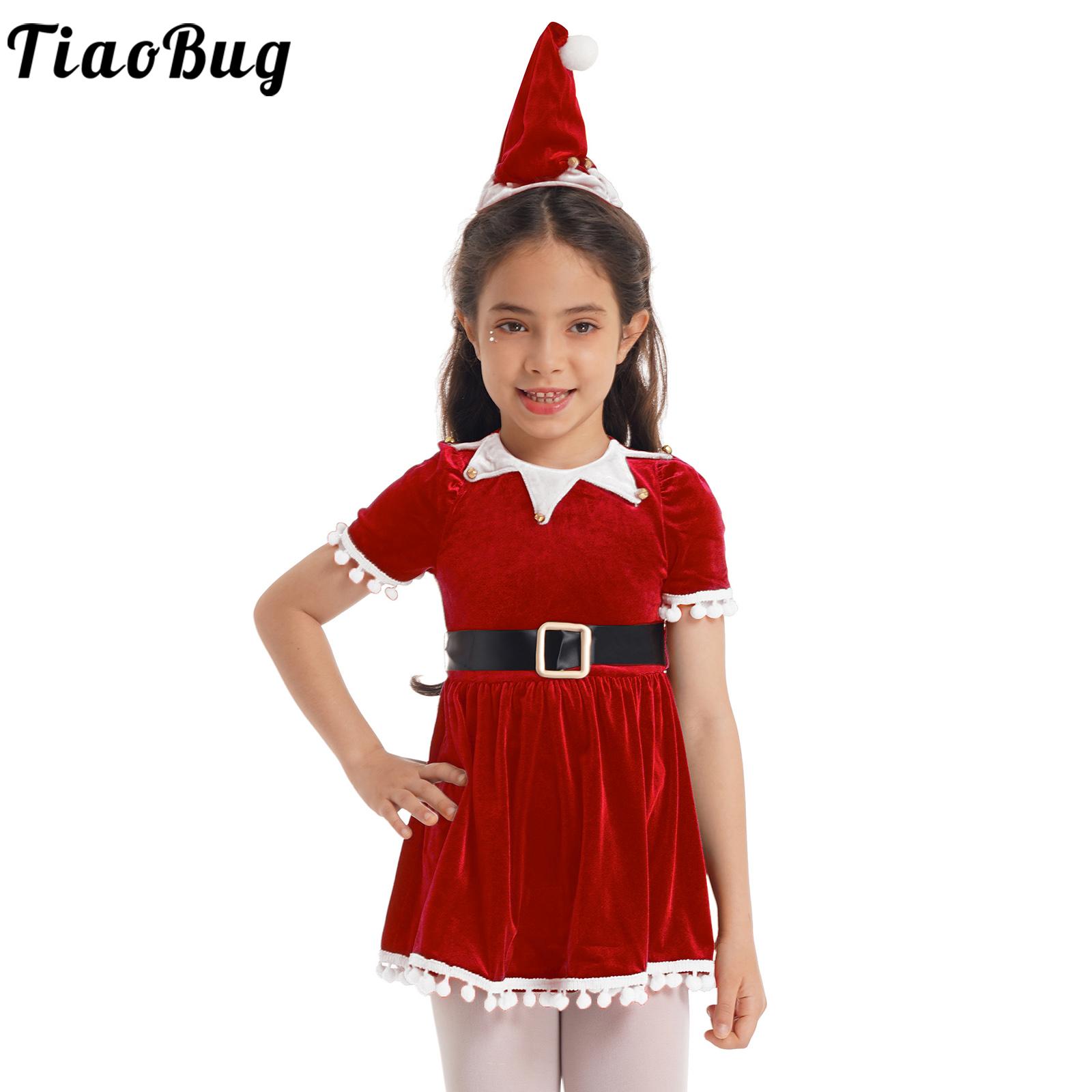 Kids Girls Christmas Dress for Girls New Year Festival Santa Clause Costume Ruffled Sleeves Kids Fancy Dress Up Party Dresses