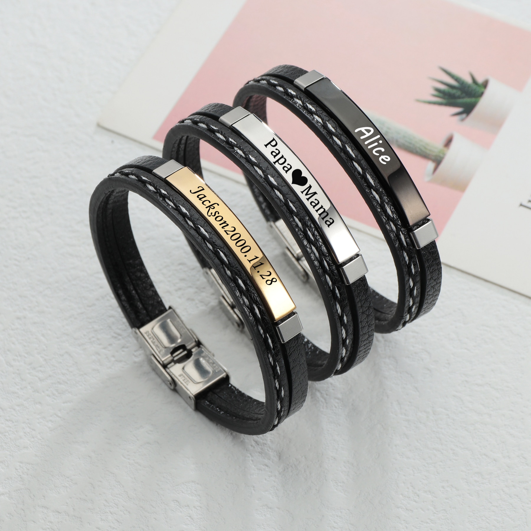Acheerup Engrave Name PU Leather Woven Men Bracelet Punk Stainless Steel Personalized Bangle Vintage Jewelry Gift for Women
