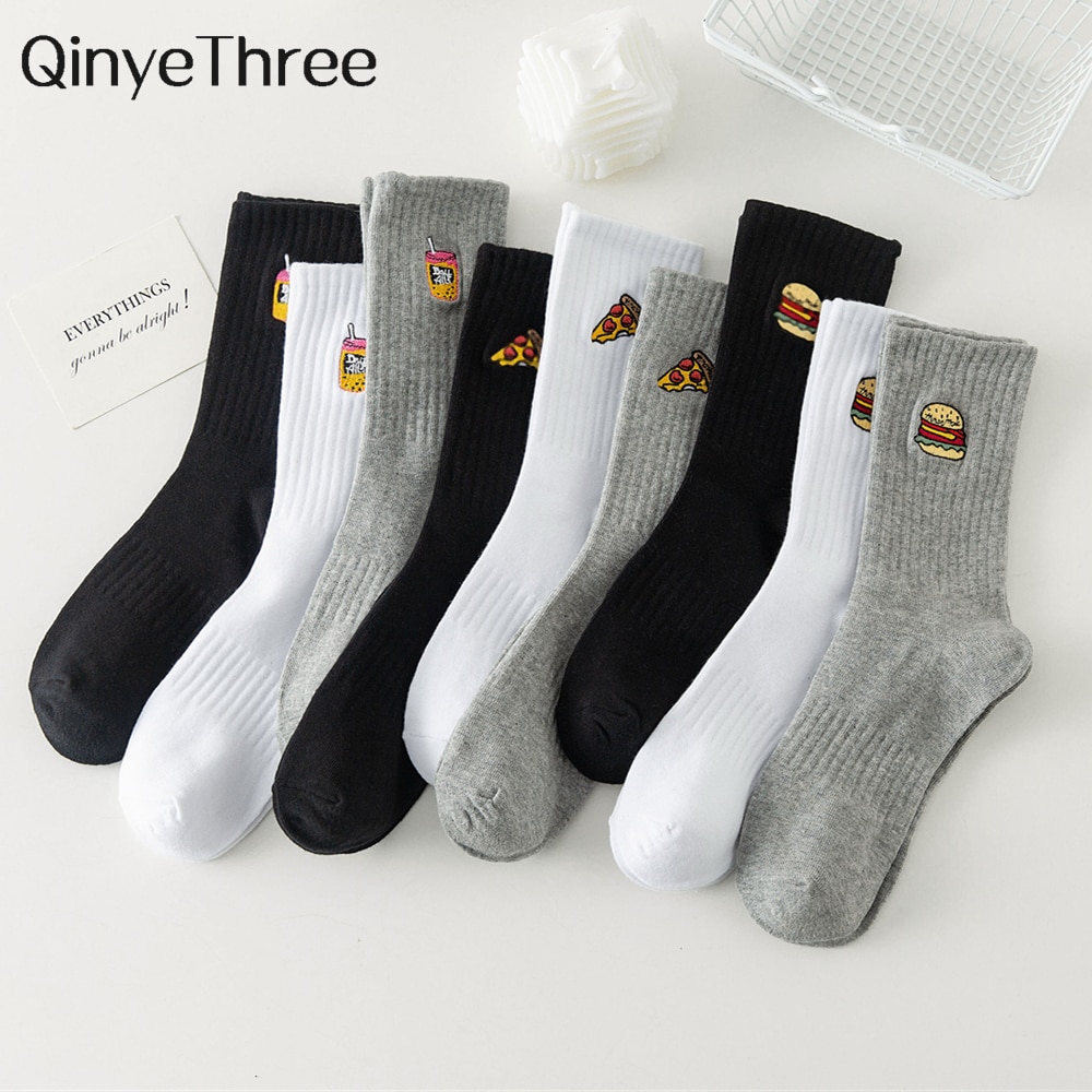 Warm Winter New Funny Embroidery Hamburger Cola Pizza Pattern White Black Gray Casual Hipster Thic Socks Christmas Gift Dropship